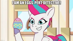Size: 889x499 | Tagged: safe, derpibooru import, edit, edited screencap, screencap, zipp storm, my little pony: tell your tale, spoiler:g5, spoiler:my little pony: tell your tale, spoiler:tyts01e48, caption, easter egg, g5, image, image macro, jpeg, pun, solo, text, the hunt for eggmund bunny