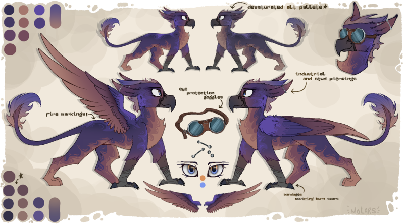 Size: 1800x1000 | Tagged: safe, artist:molars, derpibooru import, oc, oc:phoenix, gryphon, bandage, bust, character design, claws, commission, custom character, design, full body, goggles, image, piercing, png, portrait, reference sheet, solo, wings