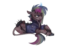 Size: 2000x1300 | Tagged: safe, artist:molars, derpibooru import, oc, oc:arcade, pony, unicorn, fallout equestria, angry, annoyed, blood, blood stains, clothes, frown, heterochromia, horseshoes, image, jacket, leonine tail, multicolored mane, patch, png, raider, scar, simple background, solo, tail, transparent background