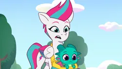 Size: 3072x1727 | Tagged: safe, derpibooru import, screencap, sparky sparkeroni, zipp storm, dragon, pegasus, pony, my little pony: tell your tale, spoiler:g5, spoiler:my little pony: tell your tale, spoiler:tyts01e48, baby, baby dragon, duo, duo male and female, female, frown, g5, image, jpeg, male, mare, open mouth, the hunt for eggmund bunny