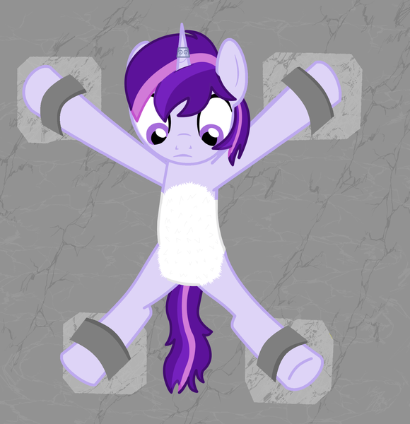 Size: 1779x1839 | Tagged: safe, artist:ghostpikachu, derpibooru import, oc, oc:dreaming star, unofficial characters only, pony, unicorn, armpits, belly, belly fluff, bound, captured, dungeon, featureless crotch, horn, image, looking down, magic suppression, male, png, restrained, solo, solo male, spread eagle, spread legs, spreading, stallion, unicorn oc, wall