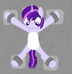 Size: 1779x1839 | Tagged: safe, artist:ghostpikachu, derpibooru import, oc, oc:dreaming star, unofficial characters only, pony, unicorn, armpits, belly, belly fluff, bound, captured, dungeon, featureless crotch, horn, image, looking down, magic suppression, male, png, restrained, solo, solo male, spread eagle, spread legs, spreading, stallion, unicorn oc, wall