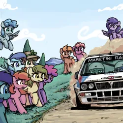 Size: 500x500 | Tagged: safe, artist:plunger, derpibooru import, oc, unofficial characters only, earth pony, pegasus, pony, unicorn, car, female, hat, image, lancia delta, mare, motorsport, png, rally, rally racing, solo, vehicle
