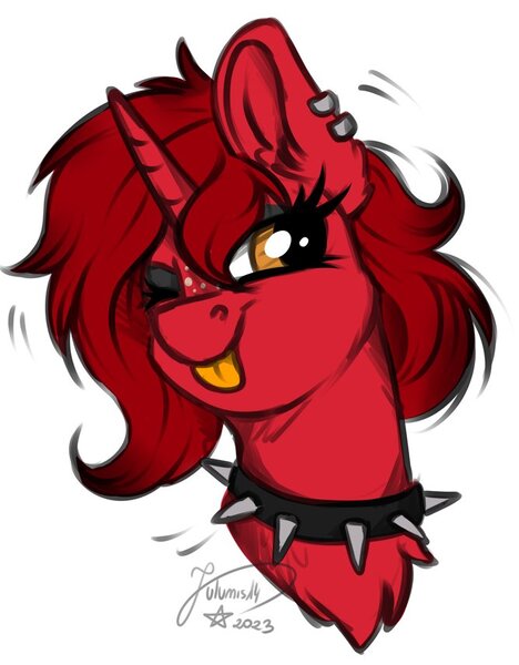 Size: 668x856 | Tagged: safe, artist:julunis14, derpibooru import, oc, oc:harmonic chord, unofficial characters only, pony, unicorn, ;p, collar, ear fluff, ear piercing, earring, eyeshadow, female, freckles, high res, horn, image, jewelry, jpeg, makeup, mare, one eye closed, piercing, signature, simple background, spiked collar, tongue out, unicorn oc, white background