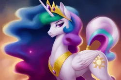 Size: 1920x1280 | Tagged: safe, derpibooru import, editor:dovakkins, machine learning generated, stable diffusion, princess celestia, alicorn, pony, beautiful, derpibooru exclusive, female, image, jewelry, majestic, mare, peytral, png, regalia, smiling, solo, sunset, tail, tail band