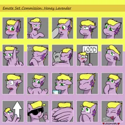 Size: 1500x1500 | Tagged: safe, artist:skydreams, derpibooru import, oc, oc:honey lavender, unofficial characters only, pegasus, pony, arrow, blushing, boop, coffee mug, commission, confused, crying, cutie mark, ear blush, emoji, emotes, female, flower, flower in hair, giggling, hiding behind wing, hug, image, mare, middle feather, middle finger, mug, oh my, pegasus oc, png, sad, shocked, shrug, sign, smiling, sunglasses, thinking, thumbs up, tired, vulgar, wing hands, wings, yay