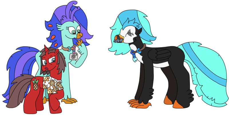 Size: 3010x1530 | Tagged: safe, artist:supahdonarudo, derpibooru import, oc, oc:icebeak, oc:ironyoshi, oc:sea lilly, unofficial characters only, classical hippogriff, fish, hippogriff, unicorn, camera, clothes, confused, disgusted, happy, image, jewelry, looking back, mouth hold, necklace, offering, png, shirt, simple background, transparent background