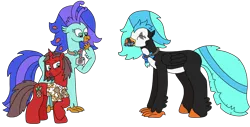 Size: 3010x1530 | Tagged: safe, artist:supahdonarudo, derpibooru import, oc, oc:icebeak, oc:ironyoshi, oc:sea lilly, unofficial characters only, classical hippogriff, fish, hippogriff, unicorn, camera, clothes, confused, disgusted, happy, image, jewelry, looking back, mouth hold, necklace, offering, png, shirt, simple background, transparent background