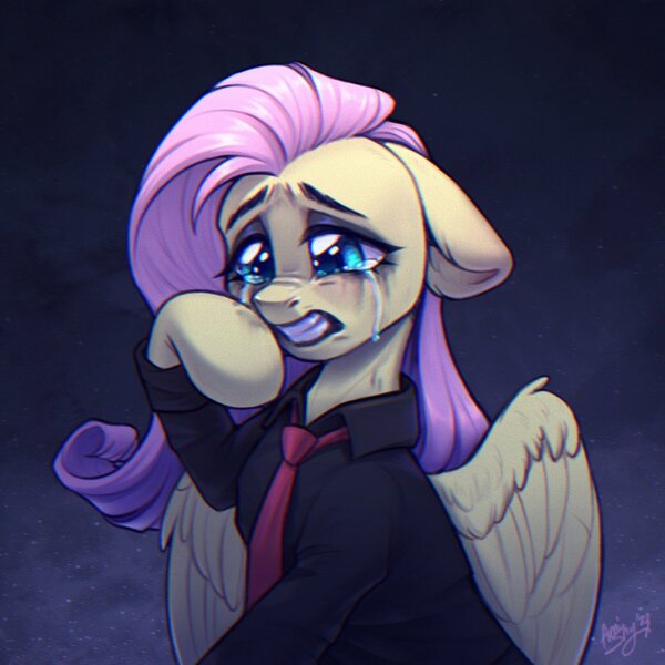 Size: 2048x2048 | Tagged: safe, artist:amishy, derpibooru import, fluttershy, pegasus, pony, clothes, crying, female, floppy ears, gritted teeth, image, jpeg, mare, necktie, sad, shirt, signature, solo, teeth