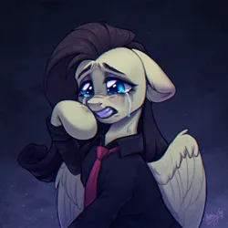 Size: 2048x2048 | Tagged: safe, alternate version, artist:amishy, derpibooru import, fluttershy, pegasus, pony, clothes, crying, dyed mane, female, floppy ears, gritted teeth, image, jpeg, mare, necktie, sad, shirt, signature, solo, teeth
