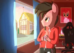 Size: 1754x1240 | Tagged: safe, artist:mrkat7214, derpibooru import, pinkie pie, oc, oc:ace play, anthro, earth pony, pony, chair, clothes, coffee, computer, curtains, dawn, facial hair, gaming chair, goatee, hoodie, image, jpeg, male, monitor, morning, morning ponies, mug, office chair, plushie, poster, solo, stallion, window