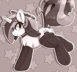 Size: 1072x994 | Tagged: safe, artist:llametsul, derpibooru import, shining armor, pony, unicorn, clothes, cute, female, image, looking at you, mare, monochrome, png, rule 63, signature, smiling, smiling at you, socks, solo, stockings, thigh highs