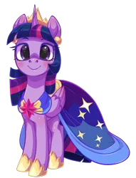 Size: 1425x1863 | Tagged: safe, artist:moonseeker, derpibooru import, twilight sparkle, twilight sparkle (alicorn), alicorn, pony, blushing, clothes, crown, dress, female, hoof shoes, horn, image, jewelry, looking at you, mare, png, regalia, simple background, smiling, smiling at you, transparent background, wings