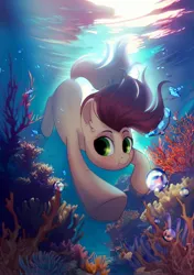 Size: 2039x2894 | Tagged: safe, artist:glumarkoj, derpibooru import, oc, unofficial characters only, earth pony, pony, beautiful, bubble, commission, coral, crepuscular rays, digital art, diving, earth pony oc, flowing mane, flowing tail, green eyes, holding breath, image, jpeg, male, ocean, pony oc, red mane, red tail, seaweed, solo, stallion, sunlight, swimming, tail, underwater, water, ych result