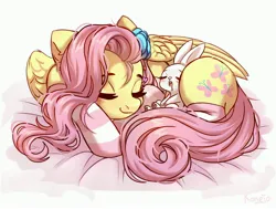 Size: 4096x3102 | Tagged: safe, artist:konejo, derpibooru import, angel bunny, fluttershy, pegasus, pony, rabbit, alternate hairstyle, animal, blanket, blushing, clothes, commission, cute, drool, eyes closed, female, flower, flower in hair, image, jpeg, mare, open mouth, shyabetes, simple background, sleeping, socks, solo, striped socks, white background