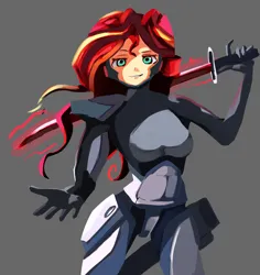 Size: 4000x4240 | Tagged: safe, artist:solid shrimp, derpibooru import, sunset shimmer, cyborg, human, crossover art, female, humanized, image, looking at you, metal gear, png, smiling, smirk, solo, sword, weapon