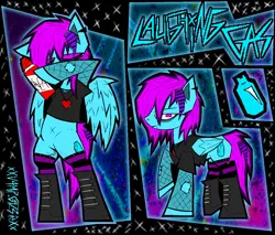 Size: 2542x2162 | Tagged: safe, artist:xxv4mp_g4z3rxx, derpibooru import, oc, oc:laughing gas, pegasus, pony, bags under eyes, blue coat, boots, clothes, drugs, ear piercing, fishnet clothing, fishnets, heart locket, image, jewelry, locket, mane extentions, necklace, nonbinary, piercing, pink eyes, pink mane, png, reference sheet, scar, self harm, self harm scars, shoes, socks, solo