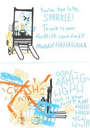 Size: 1026x1456 | Tagged: safe, artist:purblehoers, derpibooru import, trixie, pony, unicorn, 2 panel comic, box, comic, crash, driving, female, forklift, image, implied twilight sparkle, mare, ms paint, png, safety vest, sitting, solo, text