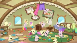 Size: 3072x1727 | Tagged: safe, derpibooru import, screencap, rabbit, my little pony: tell your tale, spoiler:g5, spoiler:my little pony: tell your tale, spoiler:tyts01e48, animal, baby, baby rabbit, ball, beach ball, book, carrot, cute, food, frown, g5, image, jpeg, open mouth, open smile, picture, playing, smiling, the hunt for eggmund bunny, toy, toy car, toy train