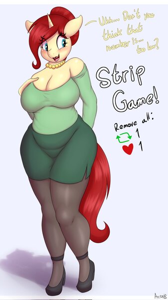 Size: 1150x2048 | Tagged: safe, alternate version, artist:an-tonio, oc, oc:golden brooch, unofficial characters only, anthro, unicorn, big breasts, blushing, breasts, busty golden brooch, chubby, cleavage, clothes, dialogue, female, horn, image, jewelry, jpeg, lipstick, milf, mother, necklace, open mouth, open smile, red lipstick, smiling, solo, strip game, text