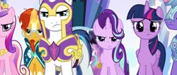 Size: 1054x450 | Tagged: safe, composite screencap, derpibooru import, edit, edited screencap, screencap, princess cadance, princess flurry heart, shining armor, starlight glimmer, sunburst, twilight sparkle, twilight sparkle (alicorn), alicorn, unicorn, the times they are a changeling, a changeling can change, armor, crystal guard, crystal guard armor, image, implied spike, implied thorax, panorama, png, royal guard
