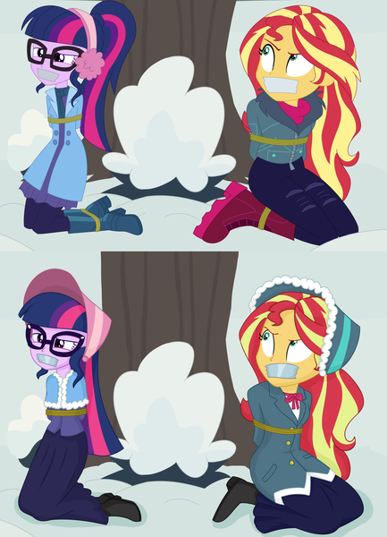 Size: 2358x3264 | Tagged: safe, artist:splendidbondage, derpibooru import, sci-twi, sunset shimmer, twilight sparkle, human, equestria girls, bondage, bound and gagged, caroling, clothes, dress, gag, humanized, image, long dress, long skirt, png, skirt, tape, tape gag, tied up, victorian, victorian dress