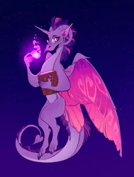 Size: 907x1200 | Tagged: safe, artist:schl4fy, derpibooru import, part of a set, twilight sparkle, dragon, pony, book, claws, colored wings, dragon horns, dragoness, dragonified, ears, eyebrows, female, floating, glasses, glow, horn, horns, image, looking away, magic, magic glow, mohawk, multicolored wings, night, night sky, nostrils, png, sky, snout, solo, species swap, two toned hair, unicorn horn, wings