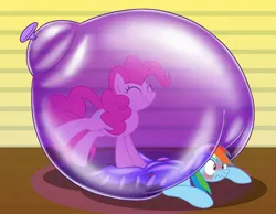 Size: 2250x1750 | Tagged: safe, artist:dragoon7575, derpibooru import, pinkie pie, rainbow dash, pony, balloon, cute, female, image, in bubble, jpeg, lesbian, mare, pinkie pie trapped in a balloon, pinkiedash, shipping, squeak, squished, trapped