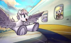 Size: 4800x2928 | Tagged: safe, artist:selenophile, derpibooru import, limestone pie, sea swirl, seafoam, oc, oc:canvas, oc:seleno, earth pony, pegasus, pony, flying, image, looking at each other, looking at someone, male, pegasus oc, plane, png, stallion, wings