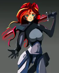 Size: 3360x4115 | Tagged: safe, artist:solid shrimp, derpibooru import, sunset shimmer, cyborg, human, fixed, humanized, image, jpeg, looking at you, metal gear, solo, sword, weapon