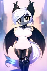 Size: 1024x1536 | Tagged: suggestive, derpibooru import, edit, editor:flitter4935, machine learning generated, novelai, stable diffusion, oc, oc:misty inkblot, unofficial characters only, anthro, bat pony, cyborg, adorable face, arm behind back, bat pony oc, bat wings, breasts, clothes, cute, cybernetic legs, cyberpunk, ear fluff, female, image, looking at you, png, shirt, smiling, smiling at you, solo, solo female, wings
