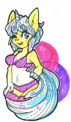 Size: 500x857 | Tagged: suggestive, artist:goldnstardust, derpibooru import, oc, oc:sugar cookie, unofficial characters only, anthro, unicorn, belly, belly button, belly freckles, body freckles, bra, breasts, chest freckles, cleavage, clothes, freckles, hand on hip, hip freckles, image, one eye closed, open mouth, panties, png, shoulder freckles, socks, sparkles, tail, thigh highs, underwear