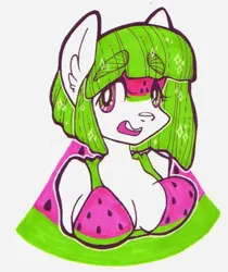 Size: 400x477 | Tagged: safe, artist:goldnstardust, derpibooru import, oc, oc:splash, unofficial characters only, anthro, earth pony, pony, bikini, bikini top, breasts, cleavage, clothes, female, image, looking at you, mare, open mouth, png, solo, sparkles, swimsuit, watermelon pony