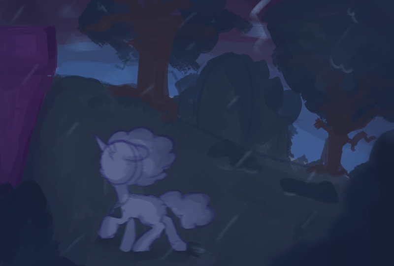 Size: 1075x725 | Tagged: safe, anonymous artist, derpibooru import, pony, unicorn, series:misty pov, g5, female, forest, image, mare, misty brightdawn, png, rain, running, solo, tree