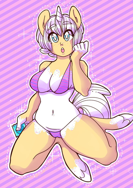 Size: 729x1032 | Tagged: suggestive, artist:goldnstardust, derpibooru import, oc, unofficial characters only, anthro, unguligrade anthro, unicorn, belly button, bra, breasts, cameltoe, chest freckles, cleavage, clothes, condom, ear freckles, freckles, hand freckles, hip freckles, image, leg freckles, looking at you, open mouth, panties, pinup, png, shoulder freckles, sparkles, tail, underwear