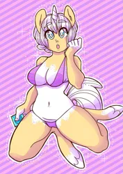 Size: 729x1032 | Tagged: suggestive, artist:goldnstardust, derpibooru import, oc, unofficial characters only, anthro, unguligrade anthro, unicorn, belly button, bra, breasts, cameltoe, chest freckles, cleavage, clothes, condom, ear freckles, freckles, hand freckles, hip freckles, image, leg freckles, looking at you, open mouth, panties, pinup, png, shoulder freckles, sparkles, tail, underwear