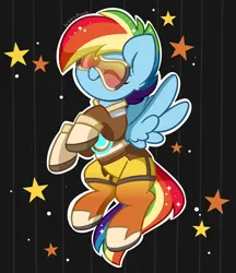 Size: 1688x1956 | Tagged: safe, artist:kittyrosie, derpibooru import, rainbow dash, pegasus, pony, alternate hairstyle, black background, clothes, cosplay, costume, image, one eye closed, overwatch, png, simple background, tracer