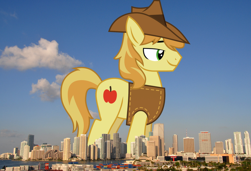 Size: 2048x1399 | Tagged: safe, artist:frownfactory, derpibooru import, edit, editor:jaredking779, braeburn, earth pony, pony, clothes, florida, giant pony, giant/macro earth pony, hat, highrise ponies, image, irl, jpeg, macro, male, mega giant, miami, photo, ponies in real life, smiling, solo, stallion, vest