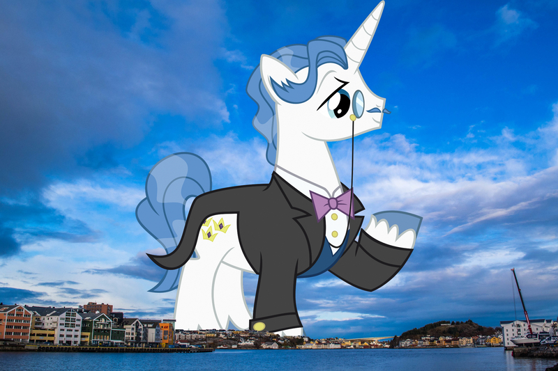 Size: 2047x1365 | Tagged: safe, artist:the smiling pony, derpibooru import, edit, editor:jaredking779, fancypants, pony, unicorn, bowtie, clothes, facial hair, giant pony, highrise ponies, image, irl, jpeg, kristiansund, macro, male, monocle, moustache, norway, photo, ponies in real life, raised hoof, solo, stallion, tuxedo, unshorn fetlocks