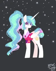 Size: 1074x1368 | Tagged: safe, artist:petaltwinkle, derpibooru import, princess celestia, alicorn, pony, between dark and dawn, alternate hairstyle, black background, female, image, jpeg, mare, simple background, smiling, solo, stars, vacation