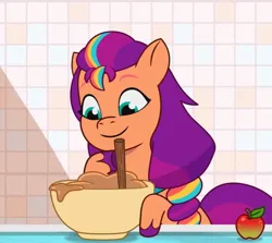 Size: 804x716 | Tagged: safe, derpibooru import, screencap, sunny starscout, my little pony: tell your tale, spoiler:g5, spoiler:my little pony: tell your tale, spoiler:tyts01e22, apple, food, g5, image, jpeg, solo, zipp's yes day