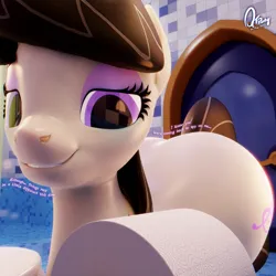 Size: 2048x2048 | Tagged: suggestive, artist:quicktimepony, derpibooru import, octavia melody, earth pony, human, pony, 3d, bathroom, blender, butt, dialogue, door, female, image, implied watersports, large butt, micro, plot, png, signature, smiling, toilet, toilet paper, toilet paper roll