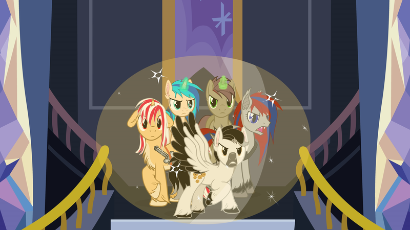 Size: 2560x1440 | Tagged: safe, artist:vitariel, derpibooru import, oc, oc:morozov, oc:nightmare crystal, oc:skyling, oc:vitariel, unofficial characters only, bat pony, pegasus, pony, unicorn, image, magic, png, wings