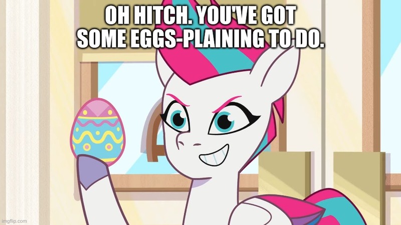 Size: 889x499 | Tagged: safe, derpibooru import, edit, edited screencap, screencap, zipp storm, my little pony: tell your tale, spoiler:g5, spoiler:my little pony: tell your tale, spoiler:tyts01e48, caption, easter egg, egg pun, g5, image, image macro, jpeg, pun, solo, text, the hunt for eggmund bunny