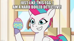 Size: 889x499 | Tagged: safe, derpibooru import, edit, edited screencap, screencap, zipp storm, my little pony: tell your tale, spoiler:g5, spoiler:my little pony: tell your tale, spoiler:tyts01e48, caption, egg pun, g5, image, image macro, jpeg, pun, solo, text, the hunt for eggmund bunny