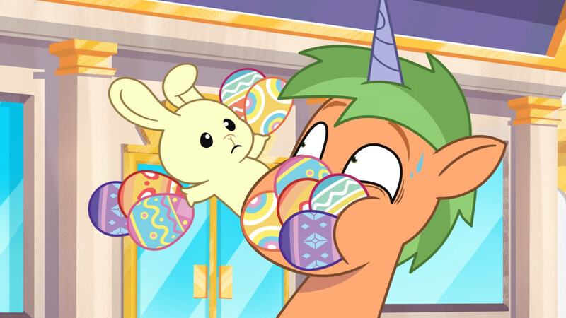 Size: 3072x1727 | Tagged: safe, derpibooru import, screencap, unnamed character, unnamed pony, pony, rabbit, unicorn, my little pony: tell your tale, spoiler:g5, spoiler:my little pony: tell your tale, spoiler:tyts01e48, animal, duo, easter egg, frown, g5, image, jpeg, male, puffy cheeks, stallion, sweat, sweatdrop, the hunt for eggmund bunny