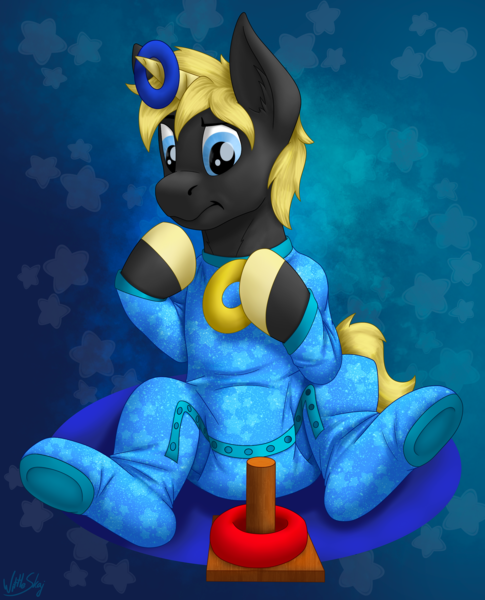 Size: 2021x2500 | Tagged: safe, artist:wittleskaj, derpibooru import, oc, oc:sunmane, pony, unicorn, baby, baby pony, clothes, colt, confused, diaper, foal, footed sleeper, horn, image, male, pajamas, png, puzzled, toy, unicorn oc
