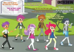 Size: 1105x782 | Tagged: safe, artist:excelso36, derpibooru import, apple bloom, button mash, rumble, scootaloo, sweetie belle, tender taps, human, equestria girls, canterlot high, casual, clothes, commission, converse, dialogue, equestria girls-ified, female, hat, image, jpeg, male, oblivious, rumbloo, shipping, shoes, skirt, socks, straight, suspenders, sweetiemash, tenderbloom, thigh highs, umbrella