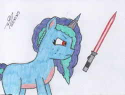 Size: 815x620 | Tagged: safe, artist:alejandrogmj, derpibooru import, pony, unicorn, g5, corrupted, dark jedi, image, jpeg, lightsaber, misty brightdawn, simple background, sith, star wars, traditional art, weapon, white background