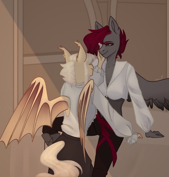 Size: 1028x1080 | Tagged: safe, artist:tttips!, derpibooru import, oc, unofficial characters only, bat pony, pegasus, bat wings, brown background, clothes, corset, couple, ear fluff, eyepatch, female, females only, hand on cheek, image, jpeg, lesbian, pants, pirate, red hair, sash, shirt, simple background, spread wings, tail, white hair, white tail, wings